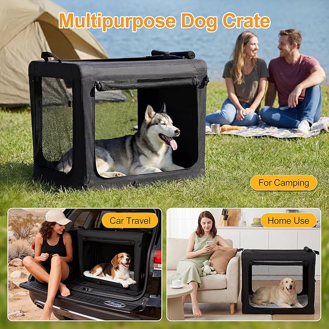 Dog Travel Crate 36 Inch, Portable Soft-Sided Travel Carriers for Dogs and Cats, Foldable Pet Kennel with 3-Doors Mesh Windows Indoor & Outdoor, Black