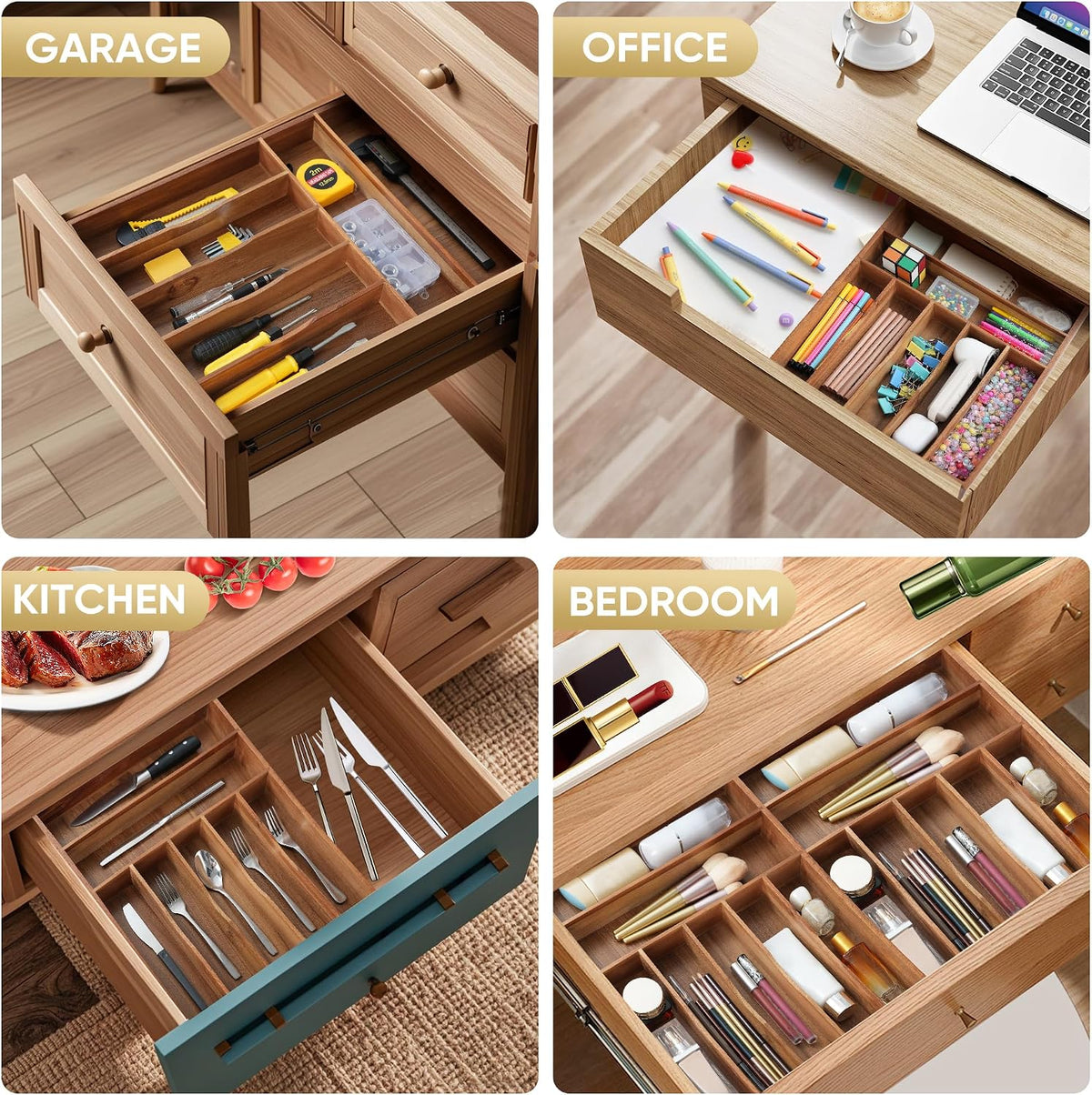 Silverware Organizer, 12.5 Inch Utensil Organizer Kitchen Drawer Organizer Acacia Silverware Holder Cutlery Tray Organizer in Drawer Flatware Organizer Tray(7 slots, Acacia)