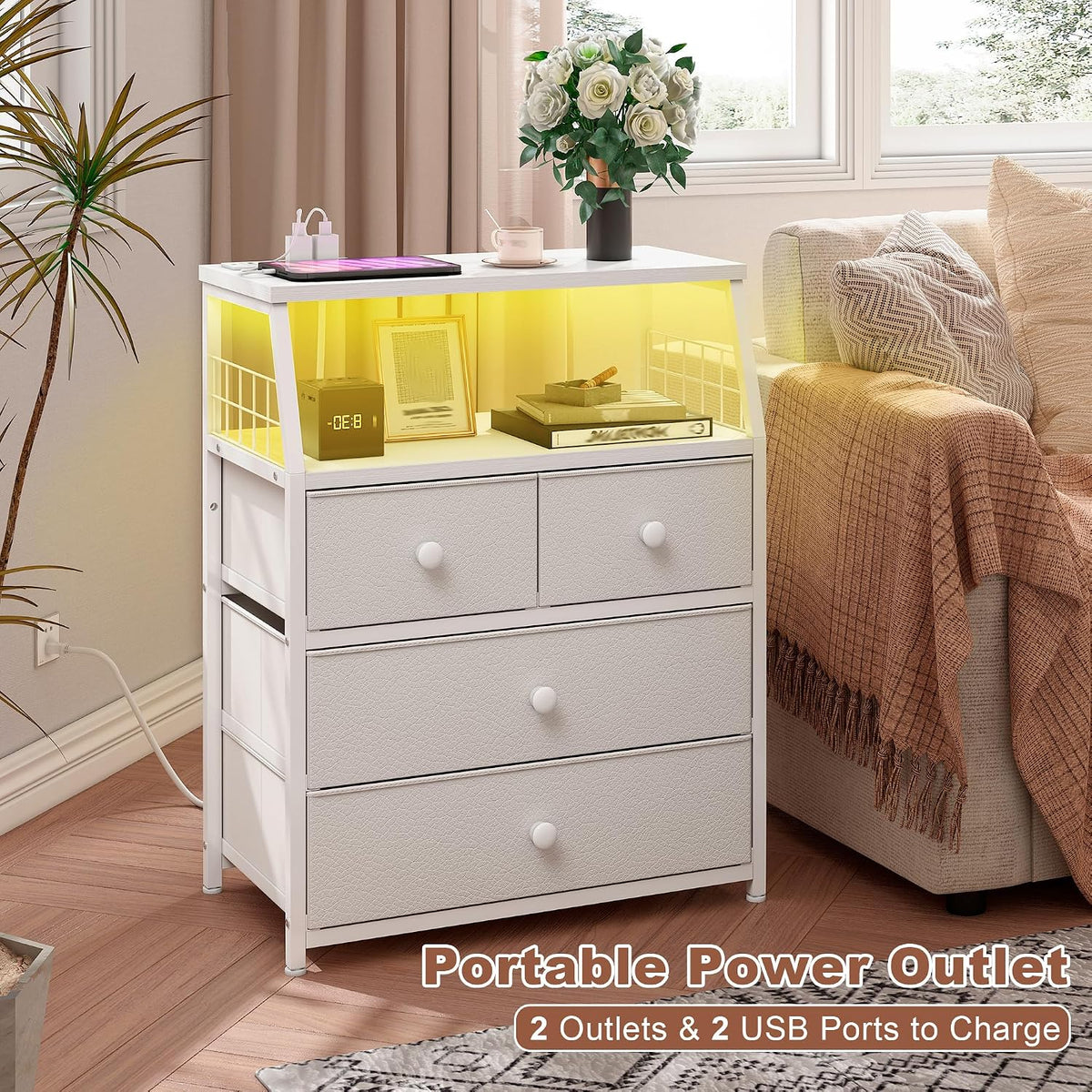 EnHomee Nightstand, 4 Fabric Drawer, LED Lights, Bedside Table