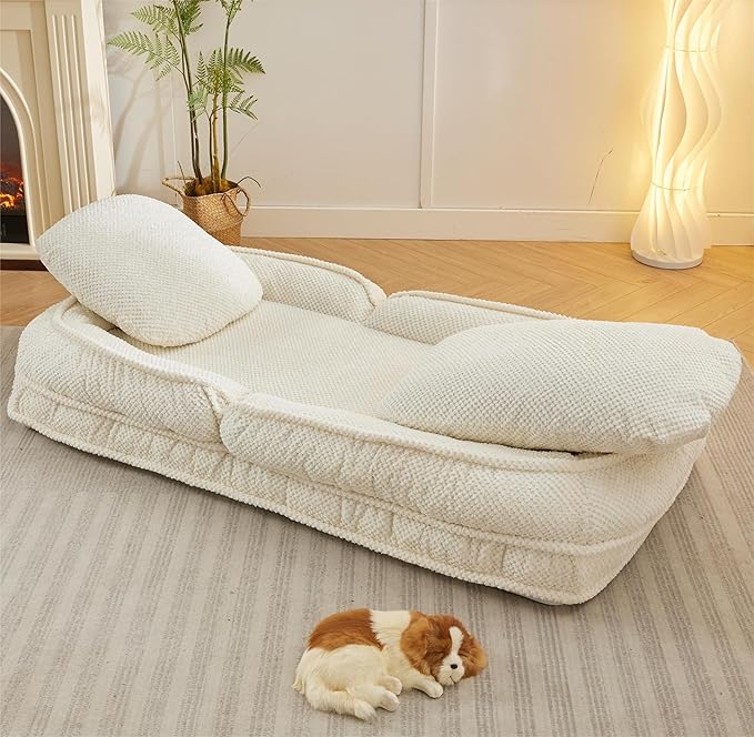Adjustable 5-Position Human Dog Bed for People, Big Comfy Plush Floor Gaming Lazy Sofa Chair with Pillows & Back Support, Foldable Lounge Loveseat Couch for Living Room Bedroom (White)