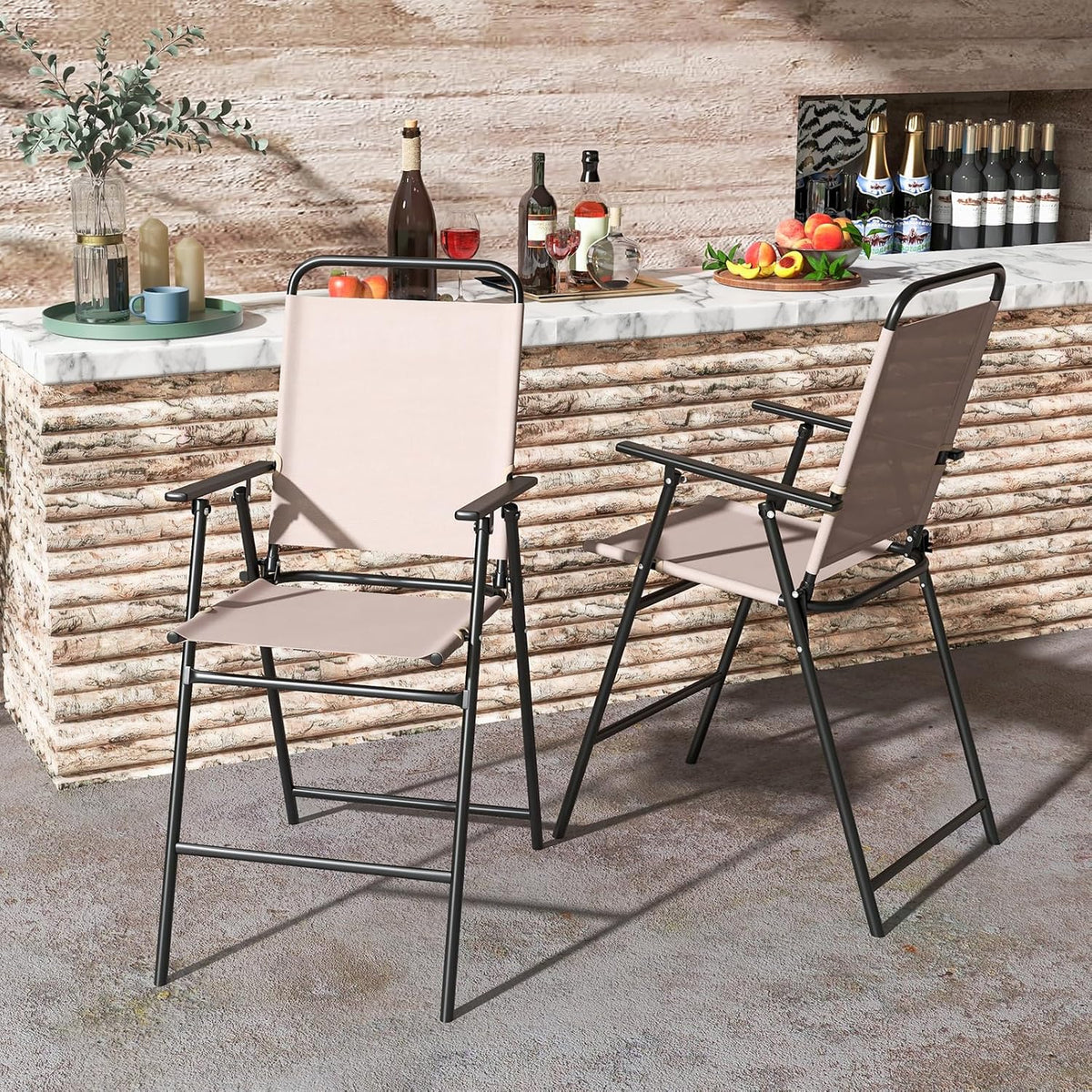 COSTWAY Outdoor Folding Bar Chairs Set of 2 with Armrest and High Back