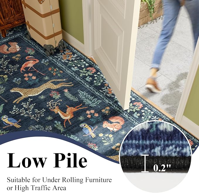DUKINO 4ft Round Rug, Washable Round Area Rug, Non Slip Indoor Low Pile Animal