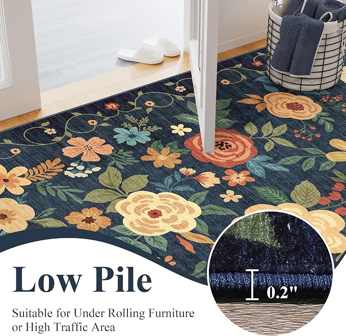 DUKINO Floral Round Rug, 6ft Washable Circle Rug, Non Slip Indoor Low Pile