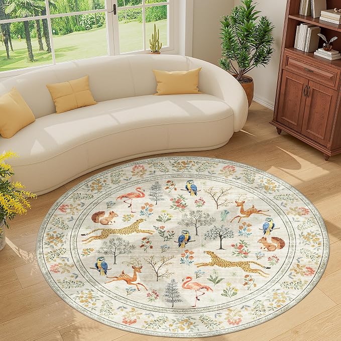 DUKINO 6ft Round Rug for Bedroom, Animal Print Washable Circle Rug
