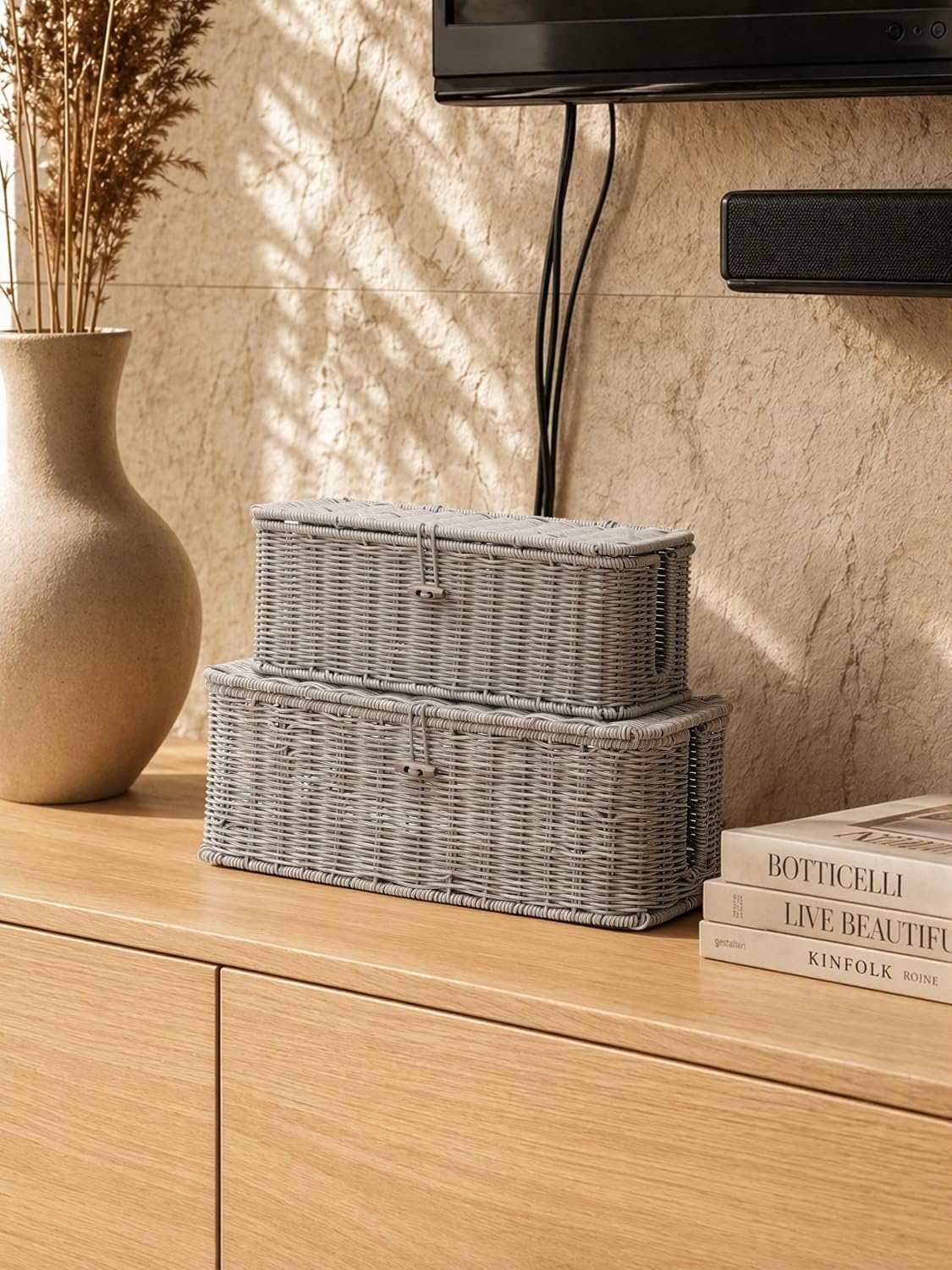 Cable Management Box, Cord Organizer with Lid & Cable Ties - Gray Set