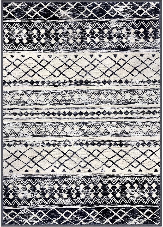 KUTA Moroccan 8x10 Area Rugs Black Navy Blue, Washable Boho Living Room Rug