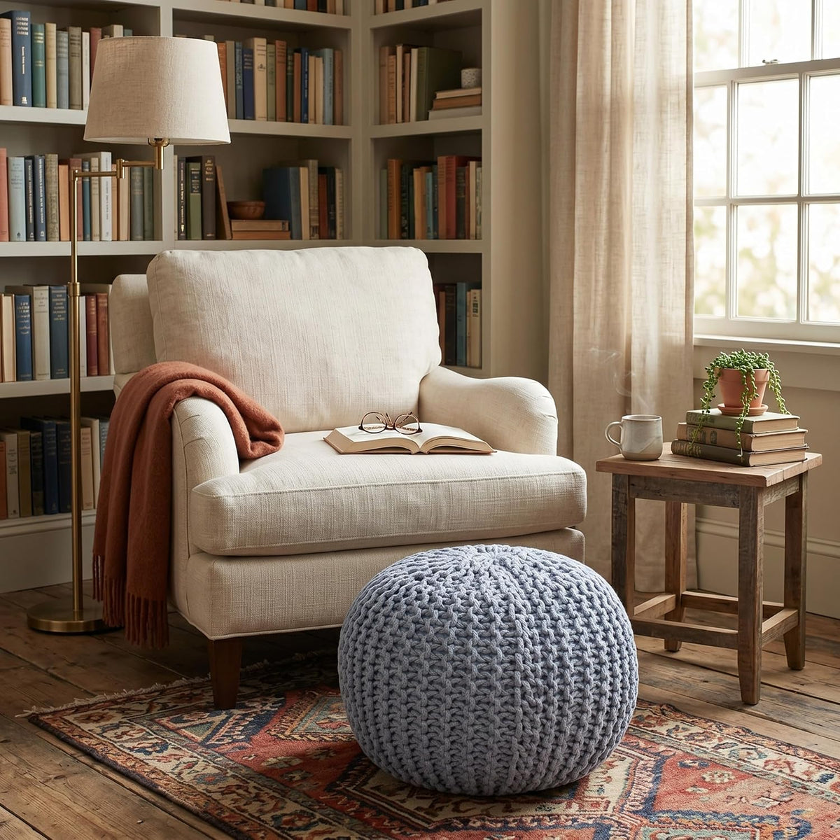 BIRDROCK HOME Round Pouf Ottoman Foot Rest, Soft Blue, 18.5”x18.5”x15”