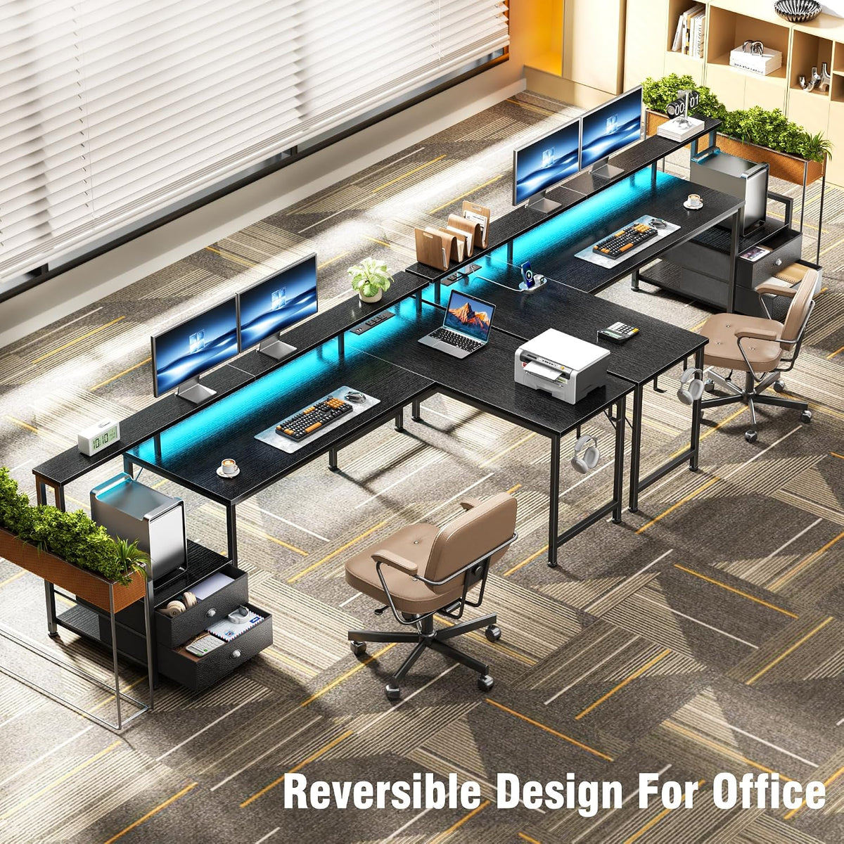 Korfile 66'' L Shaped Gaming Desk with Storage Drawers, Power Outlets, LED
