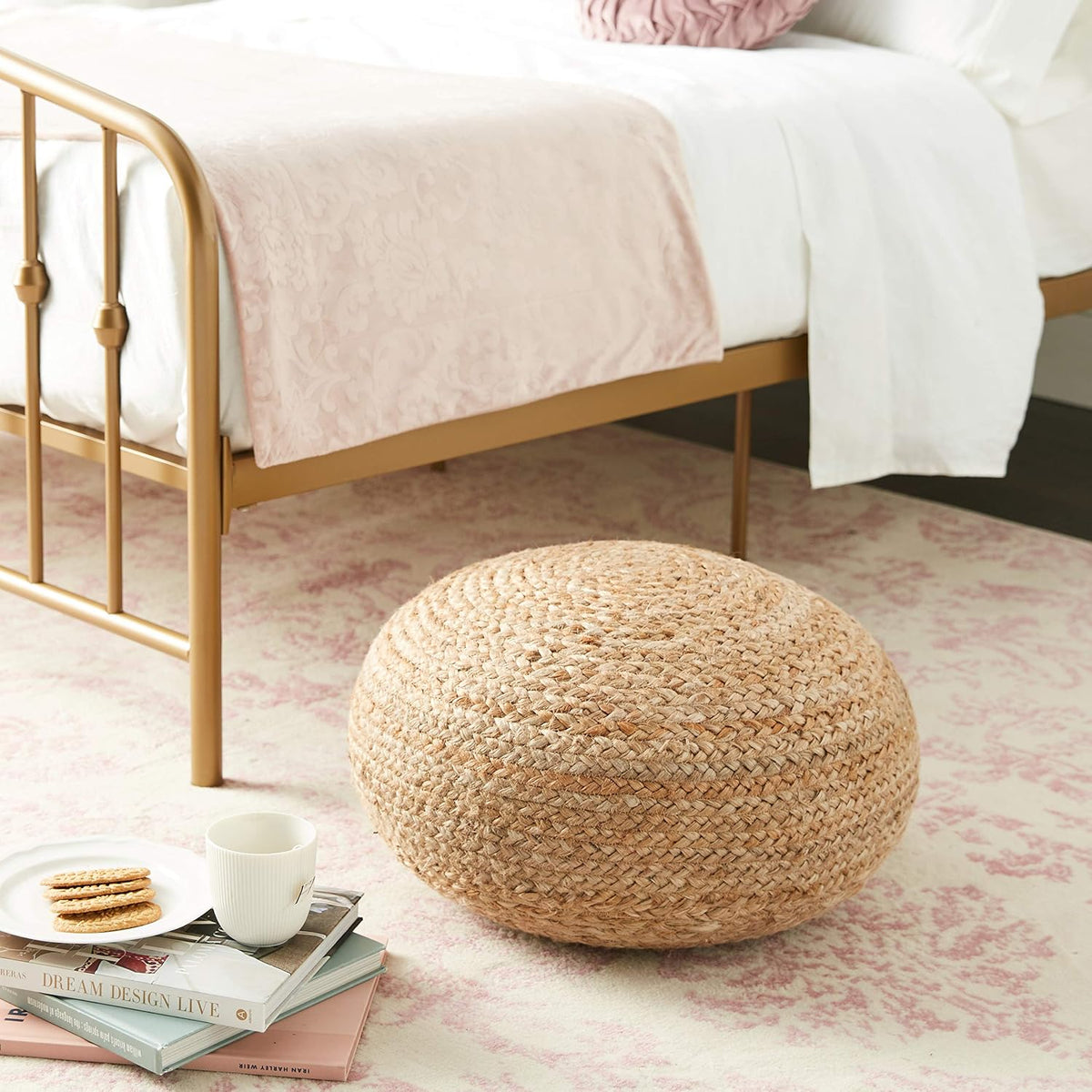 Decor Therapy Round Pouf Ottoman Footrest, Natural Jute Woven, Boho Pouf, Bohemian Style Casual Seating for Living Room, Bedroom, Patio Decor 19"x 19"x 10.5"