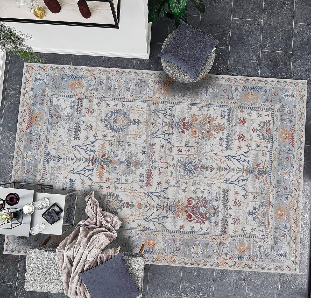 Adiva Rugs Machine Washable 9x12 Area Rug with Non Slip Backing for Living Room, Bedroom, Bathroom, Kitchen, Printed Vintage Home Decor, Floor Decoration Carpet Mat (Multi, 9' x 12')