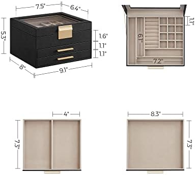 SONGMICS Jewelry Box Organizer, 3-Layer Storage with 2 Drawers, Glass Lid