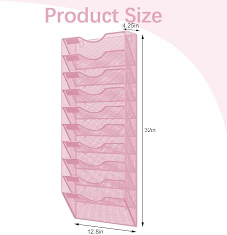 EasyPAG 10 Pocket Mesh Wall File Organizer, Hanging Paper Folder Holder with Classify Label, Vertical Wall Mount Mail Organizer for Office Home Classroom, Pink