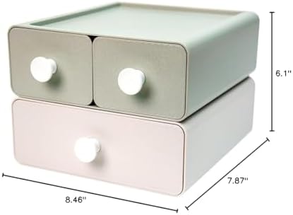 livinbox 2 PCS Stackable Plastic Desk Organizer, Drawer Type Desktop Storage Box, Cosmetics Makeup Stationery, Gel Pens, Pencils, Markers, Tape, Erasers, Paperclips, Chargers, MD-2012 (Beige&Green)