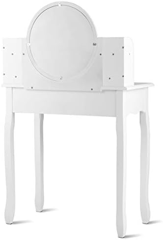 DORTALA Vanity Table Set with Round Mirror, Makeup Desk with Cushioned Stool, 4 Drawers & 2 Shelves, Makeup Organizer, Vintage Dressing Table for Bedroom, Best Gift for Women and Girls, White
