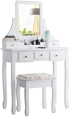 CHARMAID Makeup Vanity Set with Mirror and Cushioned Stool, Dressing Table with 5 Drawers and Removable Storage Organizers, Bedroom Makeup Table with Stool for Women Girls (White)