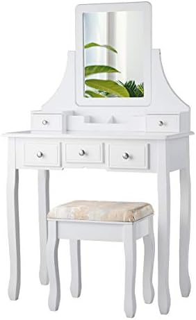 CHARMAID Makeup Vanity Set with Mirror and Cushioned Stool, Dressing Table with 5 Drawers and Removable Storage Organizers, Bedroom Makeup Table with Stool for Women Girls (White)