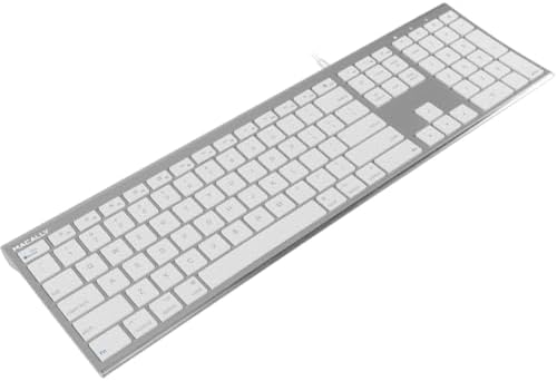 Macally Ultra Slim USB Wired Computer Keyboard - Compatible Apple Keyboard or Windows - Full Size with 20 Mac Keyboard Keys -with Numeric Keypad - Silver Aluminum Finish
