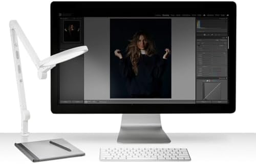 LUME CUBE Edge 2.0 LED Desk Lamp | Dimmable Home Office Desk Light with USB Charging Port & Strong Swing Arm | Adjustable Color Temperature and Brightness | Circle Webcam Light - White