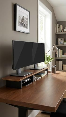 XL Walnut Wood Monitor Stand for 2 Monitors (44 Inch), Desk Shelf