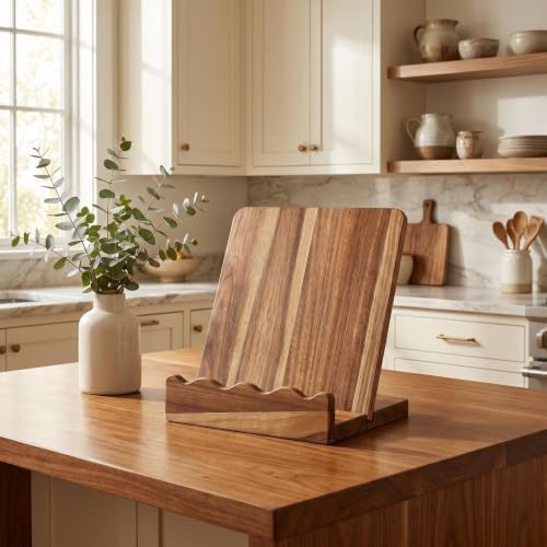 Scalloped Acacia Wood Cookbook Stand, Recipe Book Holder Keeps Pages Open