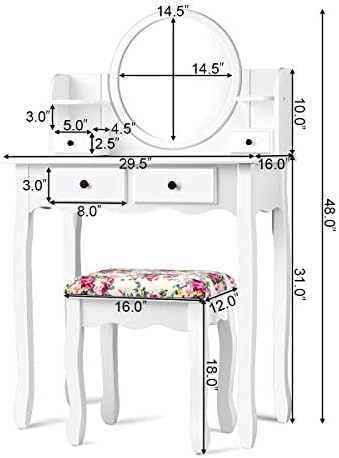 DORTALA Vanity Table Set with Round Mirror, Makeup Desk with Cushioned Stool, 4 Drawers & 2 Shelves, Makeup Organizer, Vintage Dressing Table for Bedroom, Best Gift for Women and Girls, White