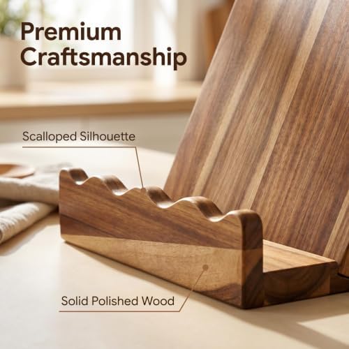 Scalloped Acacia Wood Cookbook Stand, Recipe Book Holder Keeps Pages Open
