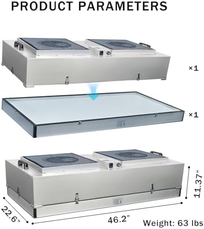 HEPA H14-Filter Laminar Flow Hood Updated FanFilter Unit（Include HEPA Filter）100/ISO Class 5 Cleanroom/Laboratory/Cleanroom/Mushroom Room, Laminar Air Flow Hood(46.2"x22.6"110V，Dual Machine)