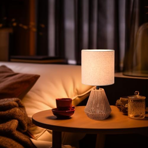 Boho Table Lamp with Linen Drum Shade, 14.17” Bedside Lamp with E26 Rattan Base for Living Room, Bedroom, Office – Natural Woven Style Accent Light, Bulb Not Included