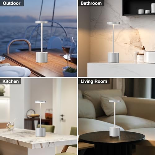 Kakanuo Silver Gray Cordless Lamp Set, Rechargeable Lamp, 3 Color Temperature, LED Outdoor Wireless Lamps, Battery Operated Lamps, Stepless Dimmable, Touch Control