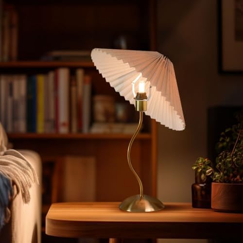 KUNJOULAM Small Pleated Table Lamp, Bedside Nightstand Lamp with Beige Lampshade, Morden Mini Lamp for Bedroom Home Office Decor, Bulb not Included