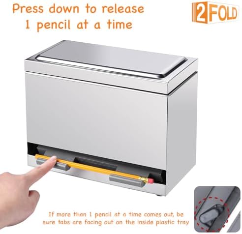 2Fold Pencil Dispenser for Classroom - Stainless Steel Bulk Pencil Holder for Desk - Includes Removable Label Stickers - Teacher Must Haves for Organization - Holds up to 200 Pencils (Silver)