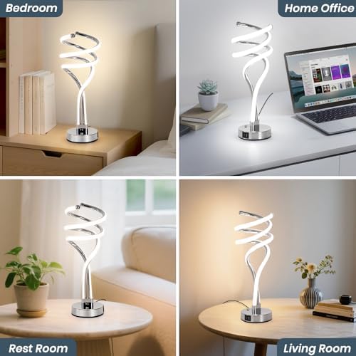 ElDISUNY Modern LED Table Lamp, 3 Color Temperatures,Touch Control CurveDimmable Bedside Table Lamps with USB Ports, Touch Control LED NightstandLamp, Desk Lamp for Living Room, Bedroom -Silver