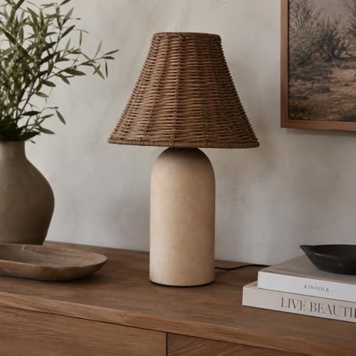 14" Small Mini Wicker Table Lamp – Handmade Ceramic Base with Rattan Shade, Dimmable Nightstand or Accent Light for Nursey, Kitchen Counter, Small Spaces, Bookshelf, Nightstand – Boho Decor