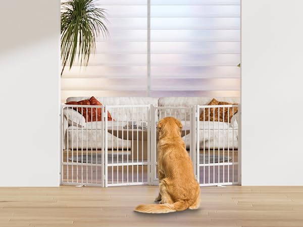 Full Metal Freestanding Dog Gate with Door, 32''Height Foldable Pet Dog Fence for Indoor & Outdoor, 4 Panels Extra Wide Free Standing TallDog Gates for Doorways,House,Stairs,Porch,Deck,Yard