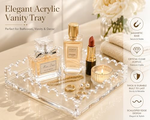 Acrylic Tray, Clear Vanity Jewelry Perfume Organizer with Scalloped Edge