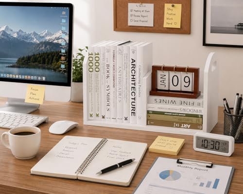 100% Solid Wood Adjustable Desktop Bookshelf, Retro Tabletop Book Shelf File Holder, Vertical Bookshelf Divider Desk Shelf for Home School Office Organization, Perfect for Books Magazine (White)