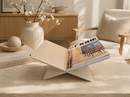 Faux Travertine Resin Book Stand, Large Open Book Holder Stand for Display & Reading, Coffee Table Book Stand for Cookbooks, Bible, Quran, Guest Books, Art Books, Neutral Beige Decorative Bookstand