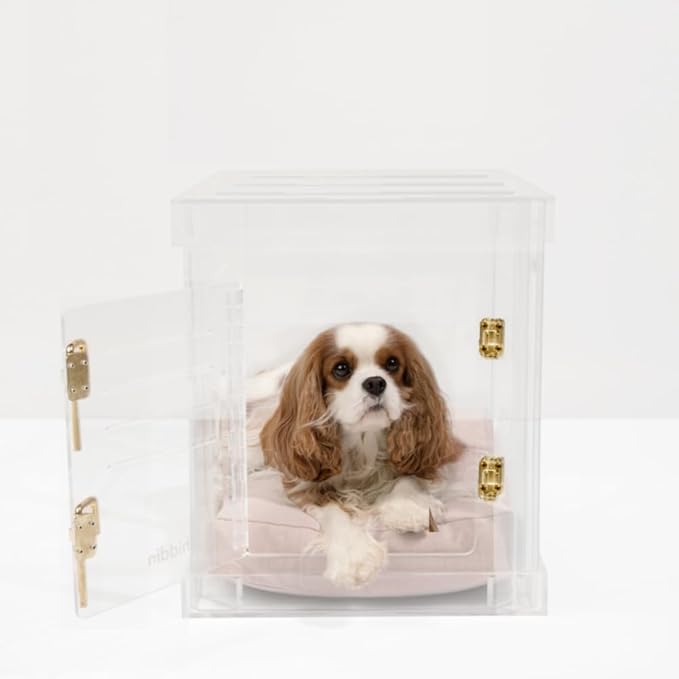 Clear Acrylic Small Dog Crate Furniture with Blush Cushion for Small Dogs up to 22 lbs, 3 in 1 Pet Crate and Gate, Modern Furniture Style Indoor Kennel, Dual Gold Latch, 16 x 24 x 18 in