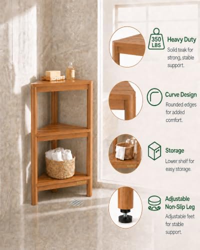 Fully Assembled Teak Corner Shower Shelf, Shower Caddy 26.5"