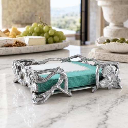 Arthur Court Grape Open Vine Napkin Holder - Durable Aluminum for Kitchen Countertops, Dining, and Outdoor Use - 7.25 inch Square