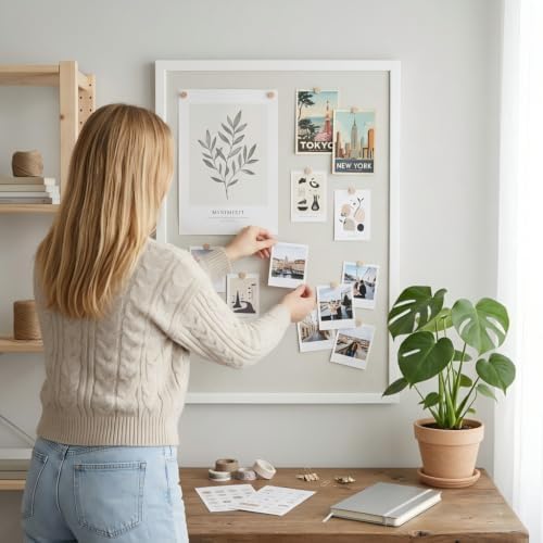 Gideal White Bulletin Board with Pine Wood Frame and Linen Surface