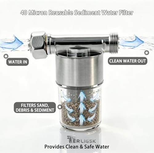40 Micron Reusable Sediment Water Filter, Brass Inline Filter with 1/2" NPT & 3/4" GHT Fittings, for Garden Hose, Washer, Washing Machine, RV, Well Water & High Pressure Washer