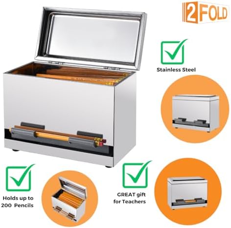 2Fold Pencil Dispenser for Classroom - Stainless Steel Bulk Pencil Holder for Desk - Includes Removable Label Stickers - Teacher Must Haves for Organization - Holds up to 200 Pencils (Silver)