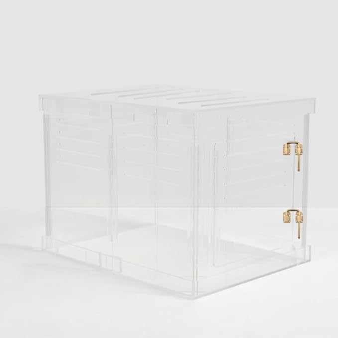 Clear Acrylic Small Dog Crate Furniture with Blush Cushion for Small Dogs up to 22 lbs, 3 in 1 Pet Crate and Gate, Modern Furniture Style Indoor Kennel, Dual Gold Latch, 16 x 24 x 18 in