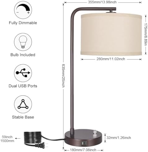 25" Tall Table Lamp with USB C+A Ports, Fully Stepless Dimmable Modern Minimalist Bedside Nightstand Lamp, Reading Desk Lamp for Bedroom, Living Room, Study Room, Office, 9W 3000K LED Bulb Included
