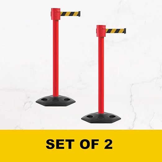 Montour Line MSR760 Set of 2 Retractable Belt Barrier Stanchion, Rubber Base, Red Post (35 ft Black with Yellow Horizontal Stripe Belt)
