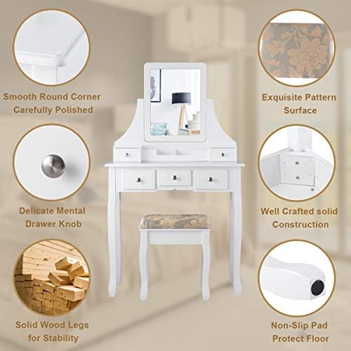 CHARMAID Makeup Vanity Set with Mirror and Cushioned Stool, Dressing Table with 5 Drawers and Removable Storage Organizers, Bedroom Makeup Table with Stool for Women Girls (White)