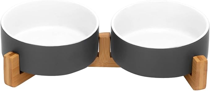 SPUNKYJUNKY Ceramic Dog and Cat Bowl Set with Wooden Stand, Modern Cute Weighted Food Water Set for Small Size Dogs (13.5OZ) & Medium Sized Dogs (28.7OZ) & Cats (1.7 Cups, 2 × White-Gray)