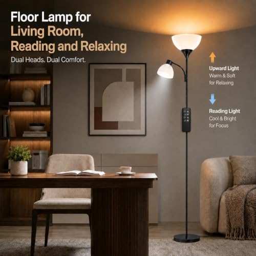 GERGO Torchiere Floor Lamp with Remote Control and Adjustable Reading Light