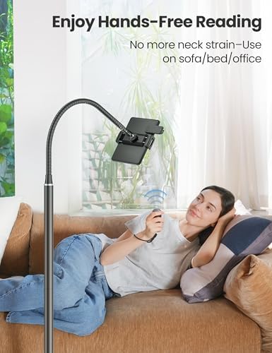 VOLTIFYMAX Tablet Stand with Page Turner Works with Kindle, Tablet Stand Floor Holder Reading in Bed with Adjustable Gooseneck, Compatible with Kindle, Mini Tablet, Phone, Hands Free Use for Readers